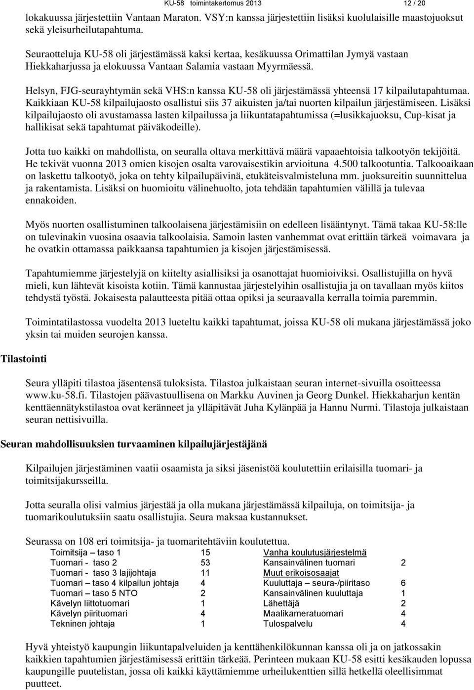 Helsyn, FJG-seurayhtymän sekä VHS:n kanssa KU-58 oli järjestämässä yhteensä 17 kilpailutapahtumaa. Kaikkiaan KU-58 kilpailujaosto osallistui siis 37 aikuisten ja/tai nuorten kilpailun järjestämiseen.