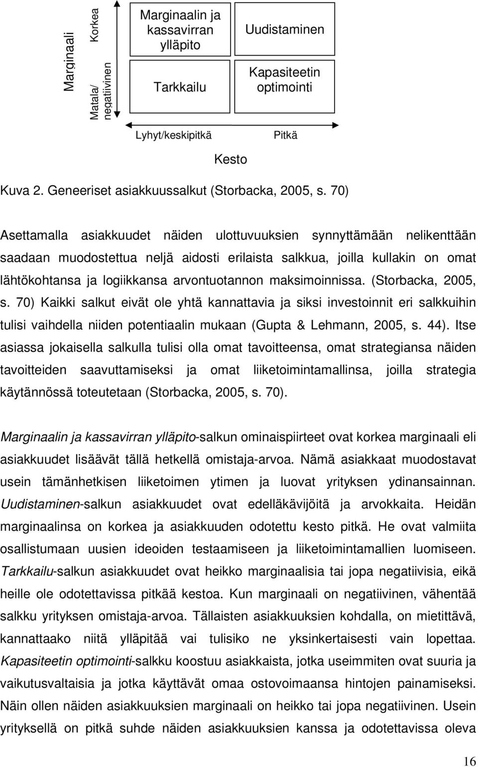 70) Asettamalla asiakkuudet näiden ulottuvuuksien synnyttämään nelikenttään saadaan muodostettua neljä aidosti erilaista salkkua, joilla kullakin on omat lähtökohtansa ja logiikkansa arvontuotannon