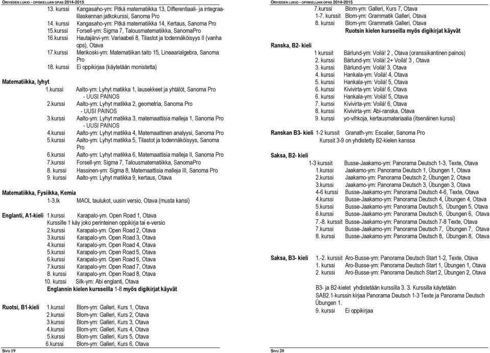 kurssi Merikoski-ym: Matematiikan taito 15, Lineaarialgebra, Sanoma Pro 18. kurssi Ei oppikirjaa (käytetään monistetta) Matematiikka, lyhyt 1.