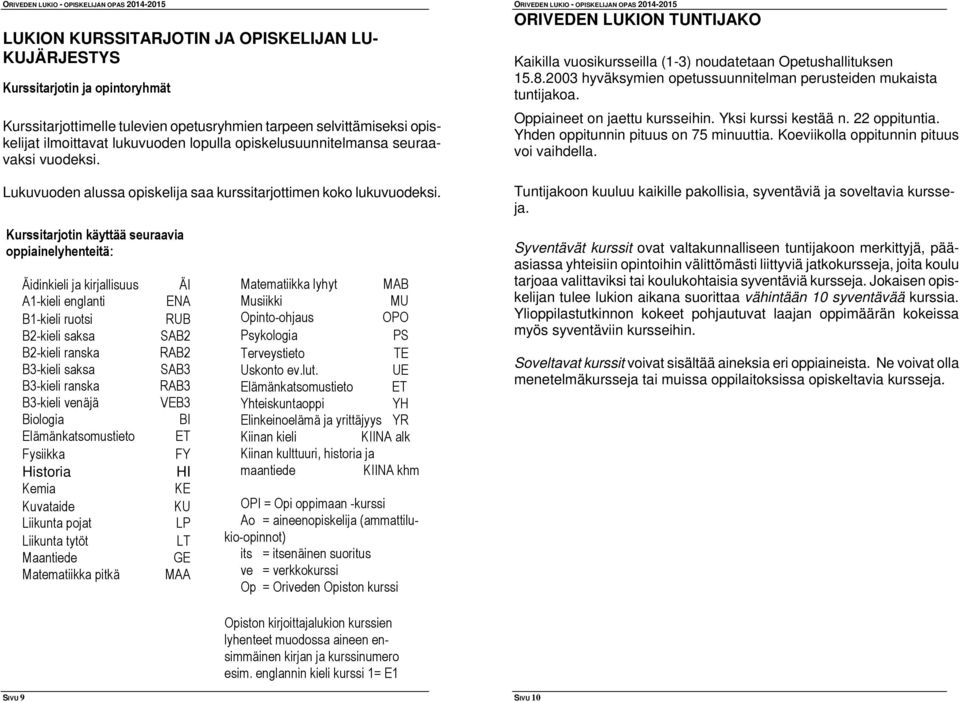 Kurssitarjotin käyttää seuraavia oppiainelyhenteitä: Äidinkieli ja kirjallisuus ÄI A1-kieli englanti ENA B1-kieli ruotsi RUB B2-kieli saksa SAB2 B2-kieli ranska RAB2 B3-kieli saksa SAB3 B3-kieli