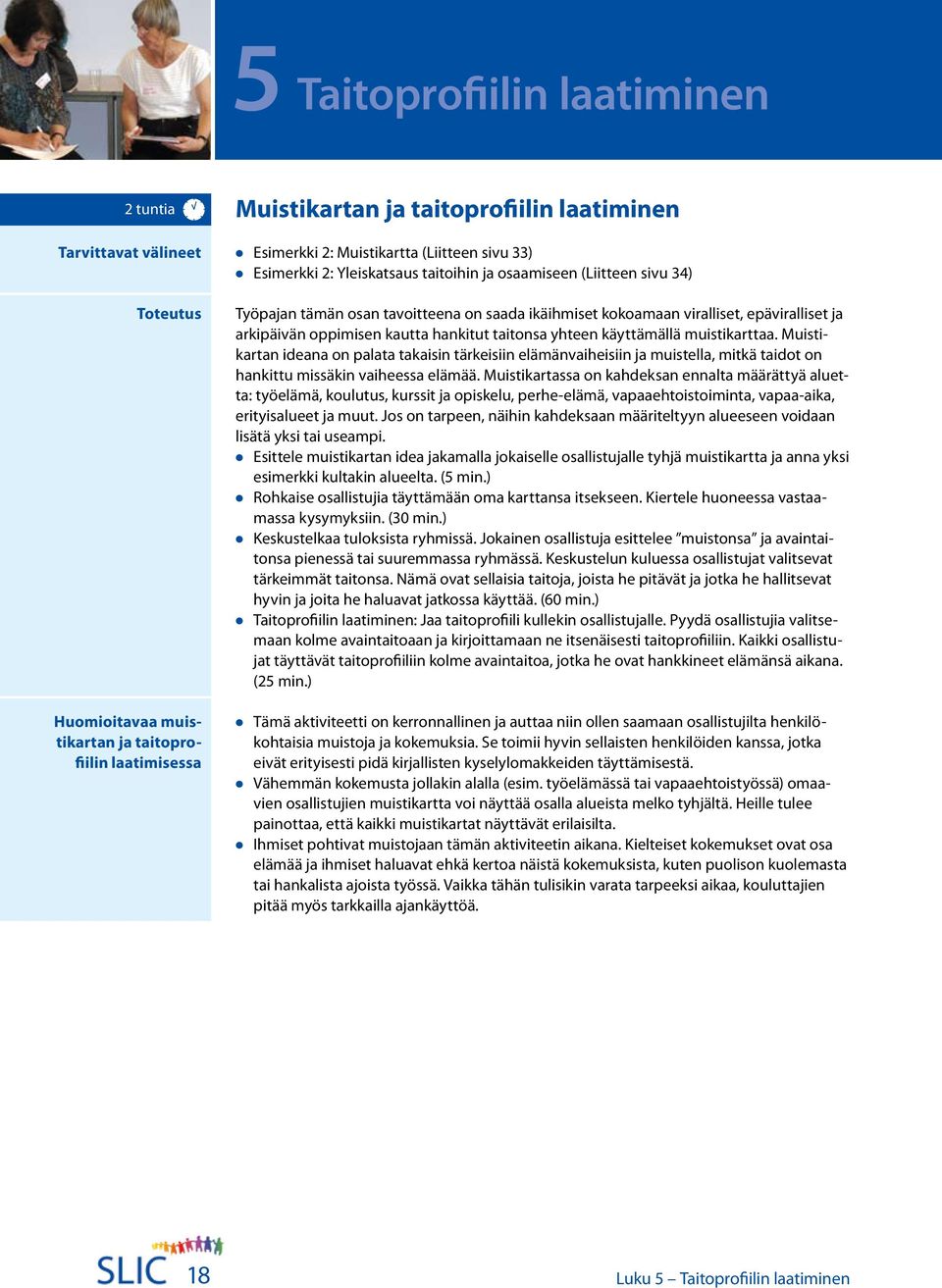 hankitut taitonsa yhteen käyttämällä muistikarttaa. Muistikartan ideana on palata takaisin tärkeisiin elämänvaiheisiin ja muistella, mitkä taidot on hankittu missäkin vaiheessa elämää.