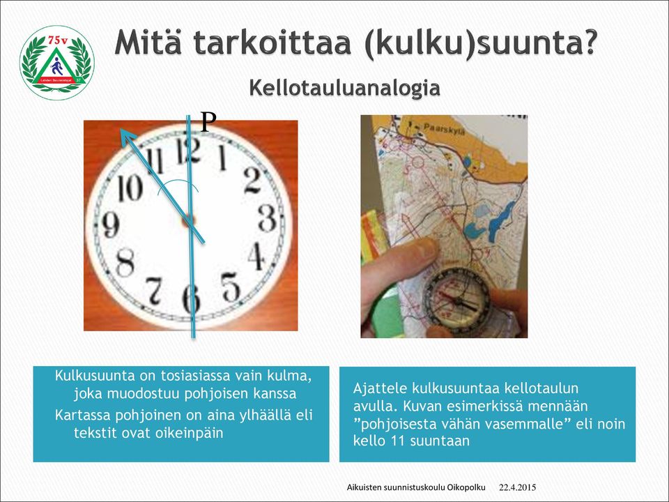 kulkusuuntaa kellotaulun avulla.