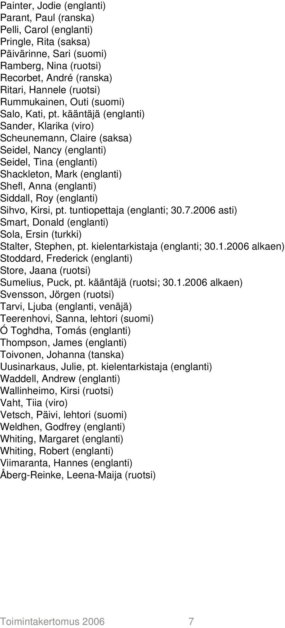 kääntäjä (englanti) Sander, Klarika (viro) Scheunemann, Claire (saksa) Seidel, Nancy (englanti) Seidel, Tina (englanti) Shackleton, Mark (englanti) Shefl, Anna (englanti) Siddall, Roy (englanti)