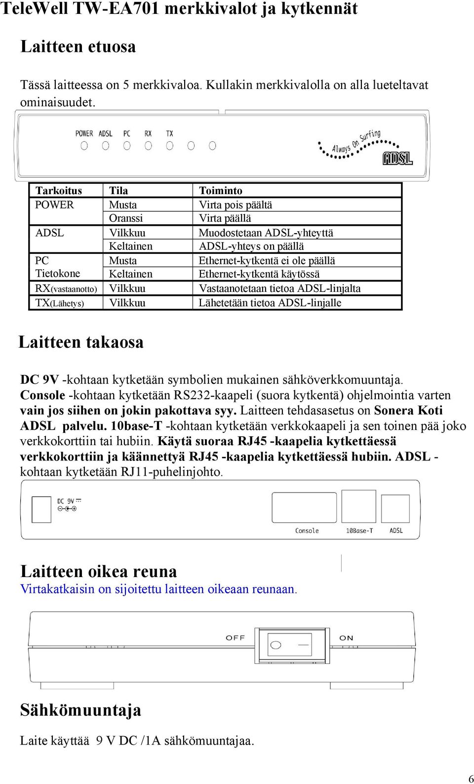 Keltainen Ethernet-kytkentä käytössä RX(vastaanotto) Vilkkuu Vastaanotetaan tietoa ADSL-linjalta TX(Lähetys) Vilkkuu Lähetetään tietoa ADSL-linjalle Laitteen takaosa DC 9V -kohtaan kytketään