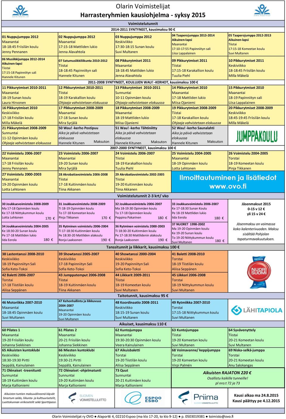 koulu Jenny Pennanen 27 Voimistelu 2000-2003 19-20 Opinmäen koulu Lotta Lehtonen 02 Nuppujumppa 2012 17:15-18 Mattliden lukio Jenna Alavahtola Olarin Voimistelijat Harrasteryhmien kausiohjelma -