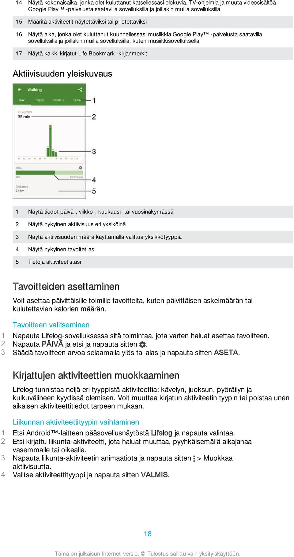 musiikkisovelluksella 17 Näytä kaikki kirjatut Life Bookmark -kirjanmerkit Aktiivisuuden yleiskuvaus 1 Näytä tiedot päivä-, viikko-, kuukausi- tai vuosinäkymässä 2 Näytä nykyinen aktiivisuus eri