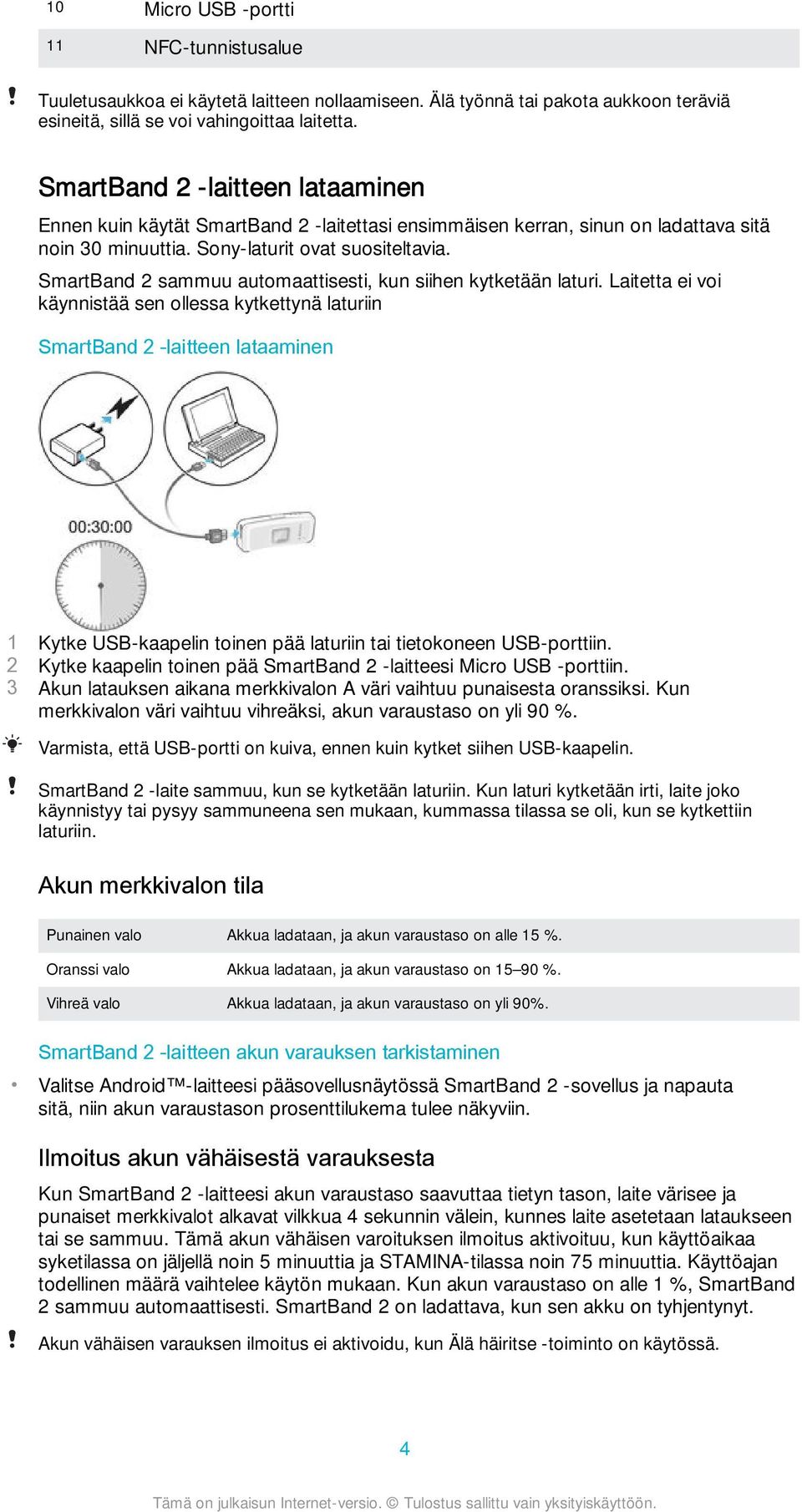 SmartBand 2 sammuu automaattisesti, kun siihen kytketään laturi.