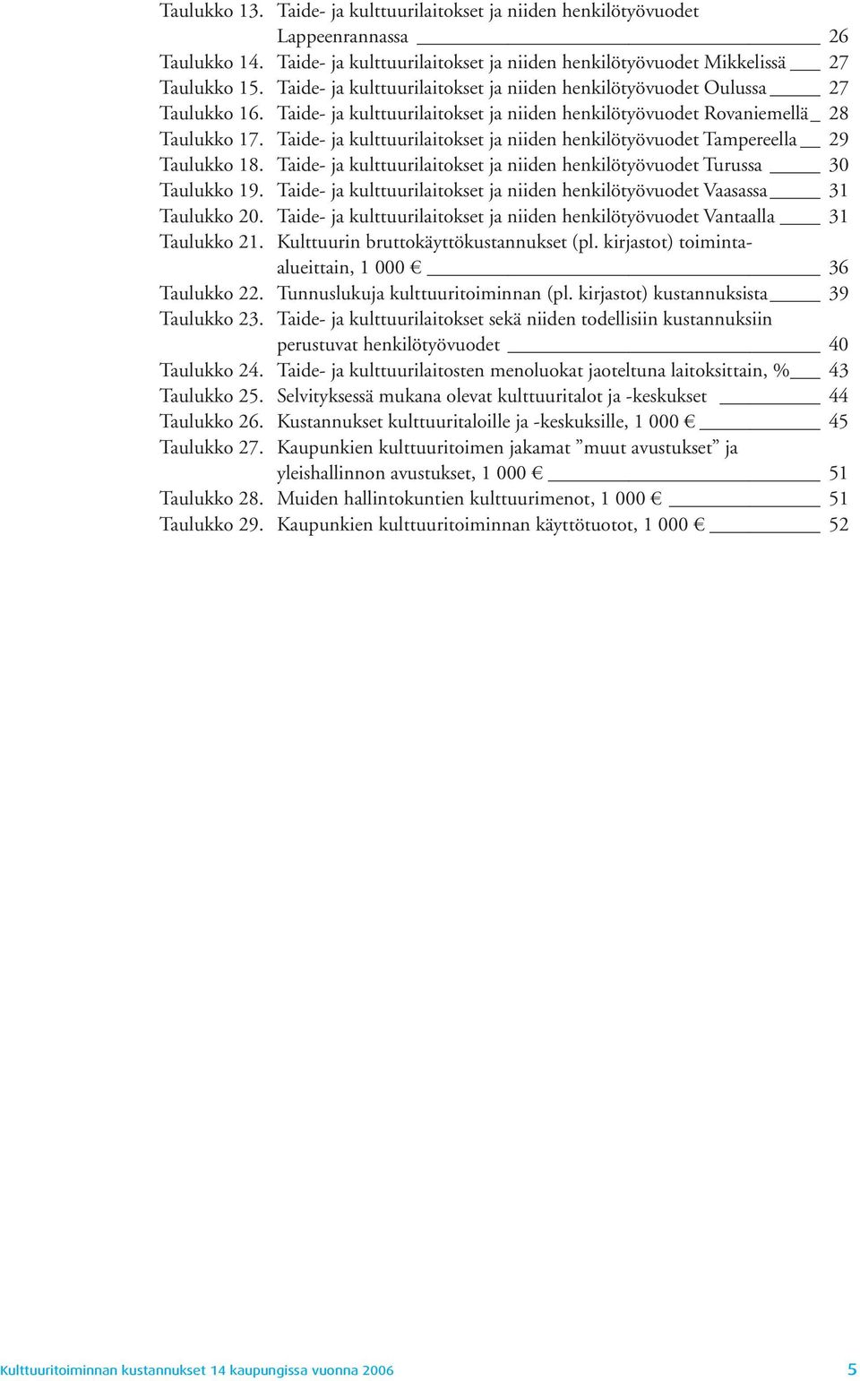 Taide- ja kulttuurilaitokset ja niiden henkilötyövuodet Tampereella 29 Taulukko 18. Taide- ja kulttuurilaitokset ja niiden henkilötyövuodet Turussa 30 Taulukko 19.