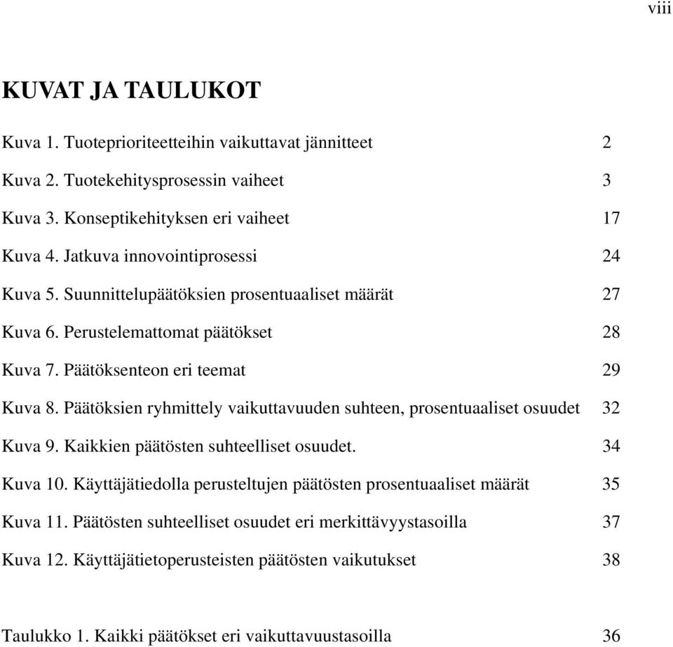 Päätöksien ryhmittely vaikuttavuuden suhteen, prosentuaaliset osuudet 32 Kuva 9. Kaikkien päätösten suhteelliset osuudet. 34 Kuva 10.