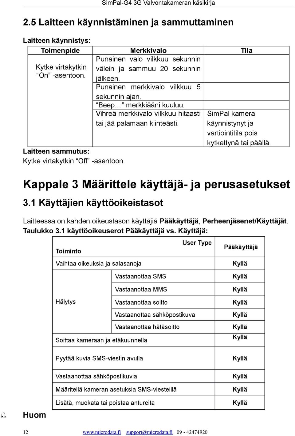 SimPal kamera käynnistynyt ja vartiointitila pois kytkettynä tai päällä. Kappale 3 Määrittele käyttäjä- ja perusasetukset 3.