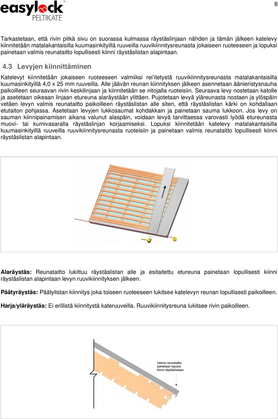 3 Levyjen kiinnittäminen Katelevyt kiinnitetään jokaiseen ruoteeseen valmiiksi rei itetystä ruuvikiinnitysreunasta matalakantaisilla kuumasinkityillä 4,0 x 25 mm ruuveilla.