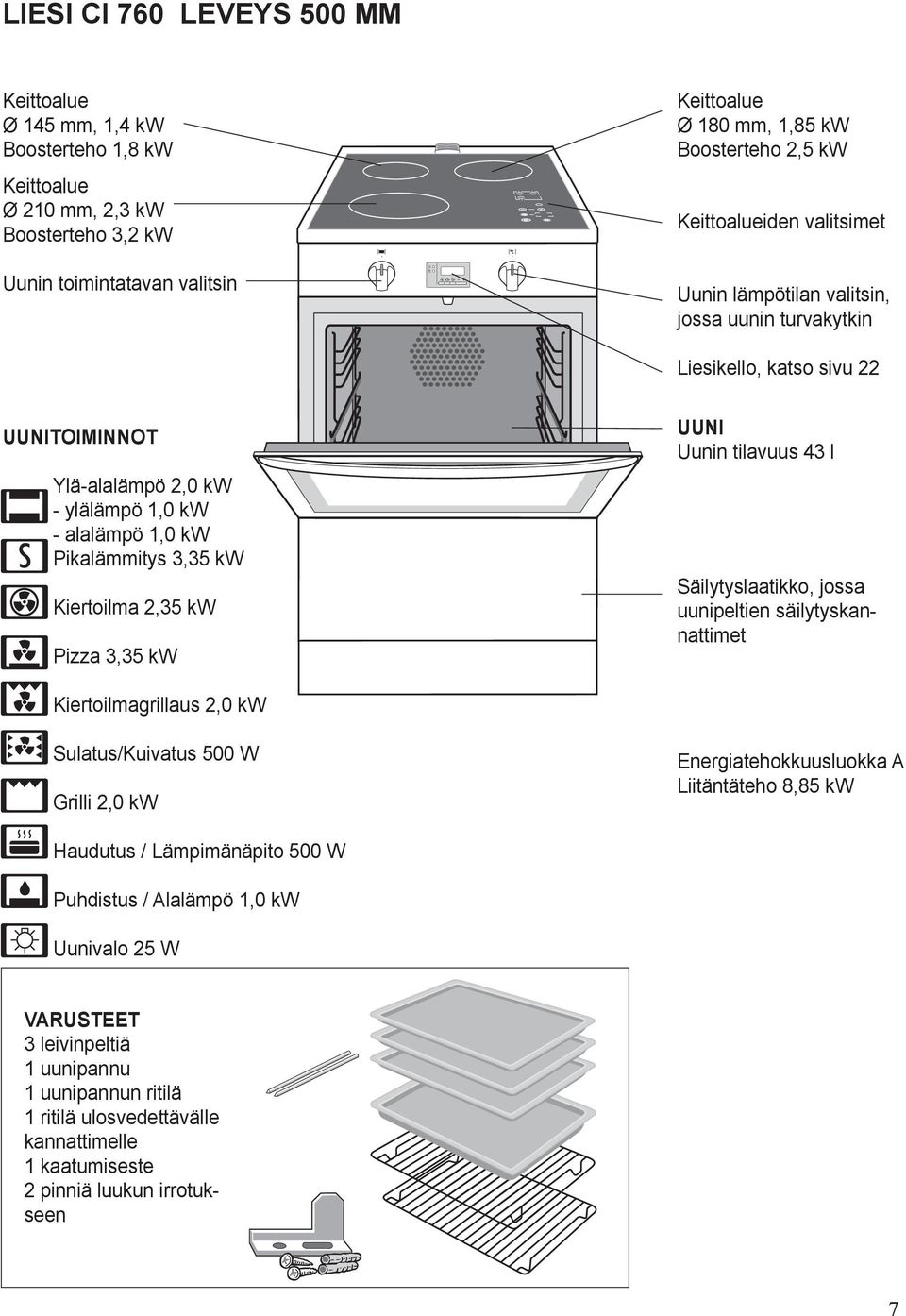 Kiertoilma 2,35 kw Pizza 3,35 kw UUNI Uunin tilavuus 43 l Säilytyslaatikko, jossa uunipeltien säilytyskannattimet Kiertoilmagrillaus 2,0 kw Sulatus/Kuivatus 500 W Grilli 2,0 kw Energiatehokkuusluokka