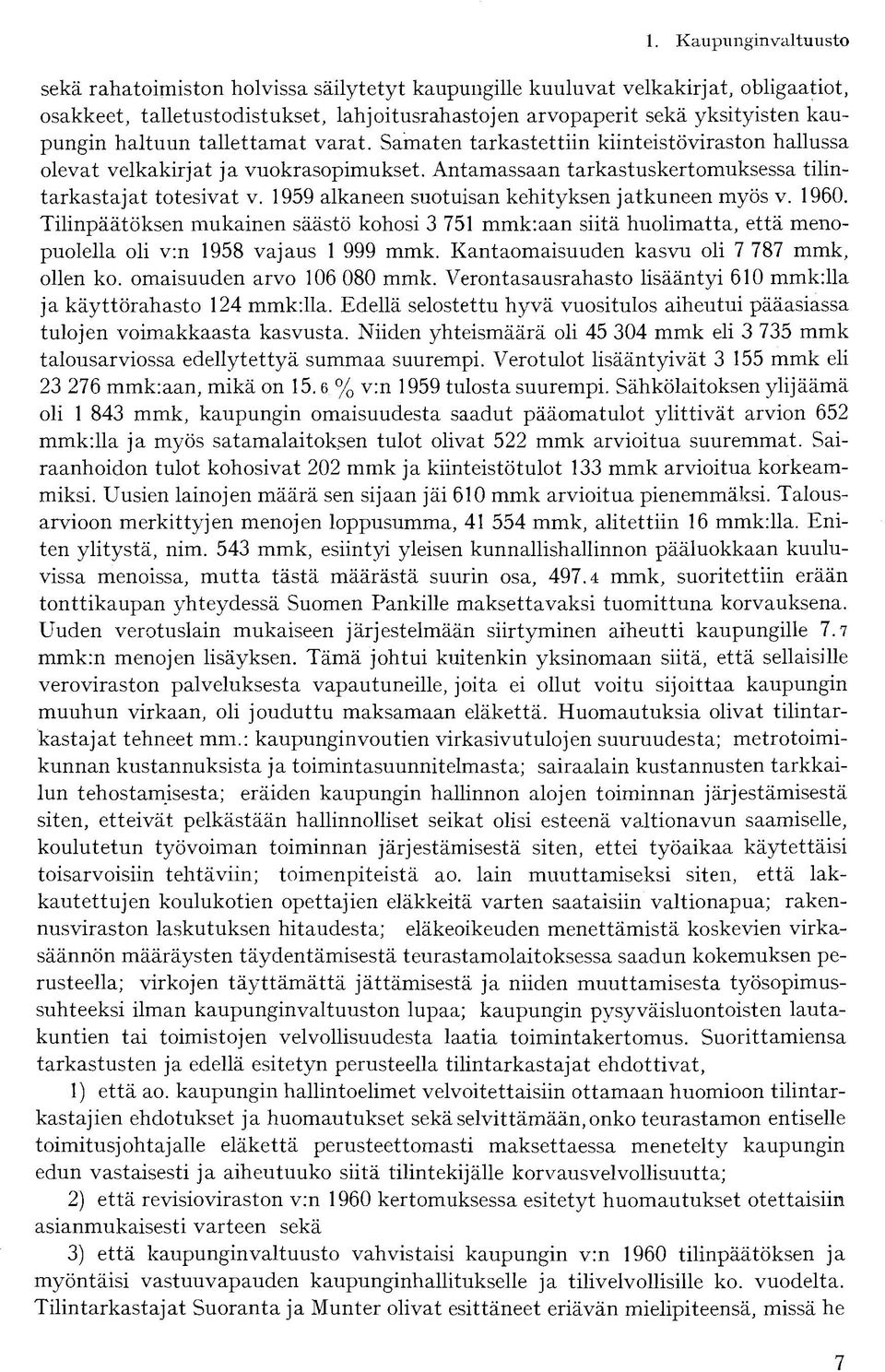 1959 alkaneen suotuisan kehityksen jatkuneen myös v. 1960. Tilinpäätöksen mukainen säästö kohosi 3 751 mmk:aan siitä huolimatta, että menopuolella oli v:n 1958 vajaus 1 999 mmk.