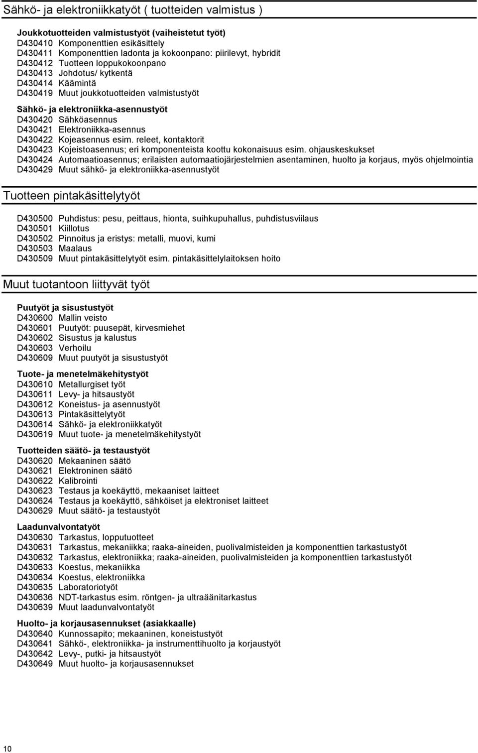 Elektroniikka-asennus D430422 Kojeasennus esim. releet, kontaktorit D430423 Kojeistoasennus; eri komponenteista koottu kokonaisuus esim.