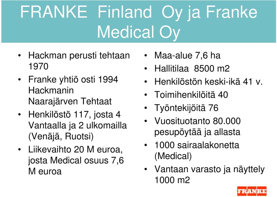 osuus 7,6 M euroa Maa-alue 7,6 ha Hallitilaa 8500 m2 Henkilöstön keski-ikä 41 v.