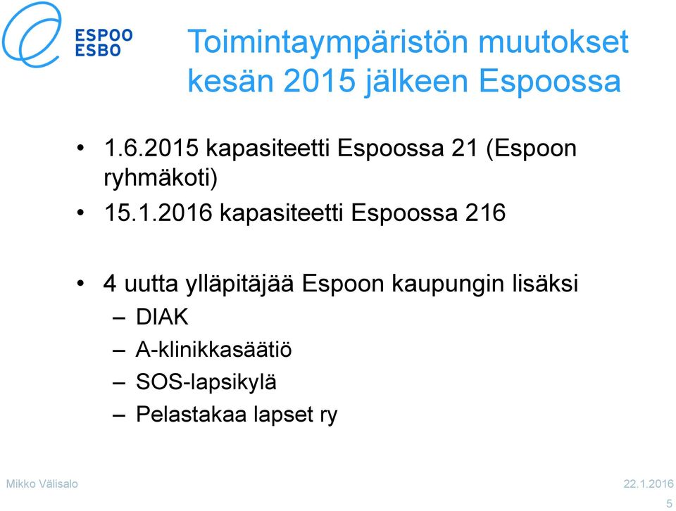 kapasiteetti Espoossa 216 4 uutta ylläpitäjää Espoon kaupungin