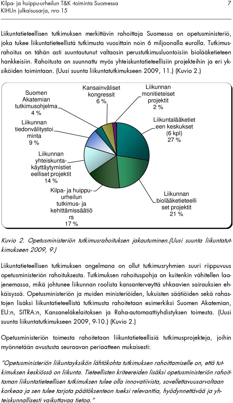 Rahoitusta on suunnattu myös yhteiskuntatieteellisiin projekteihin ja eri yksiköiden toimintaan. (Uusi suunta liikuntatutkimukseen 2009, 11.) (Kuvio 2.