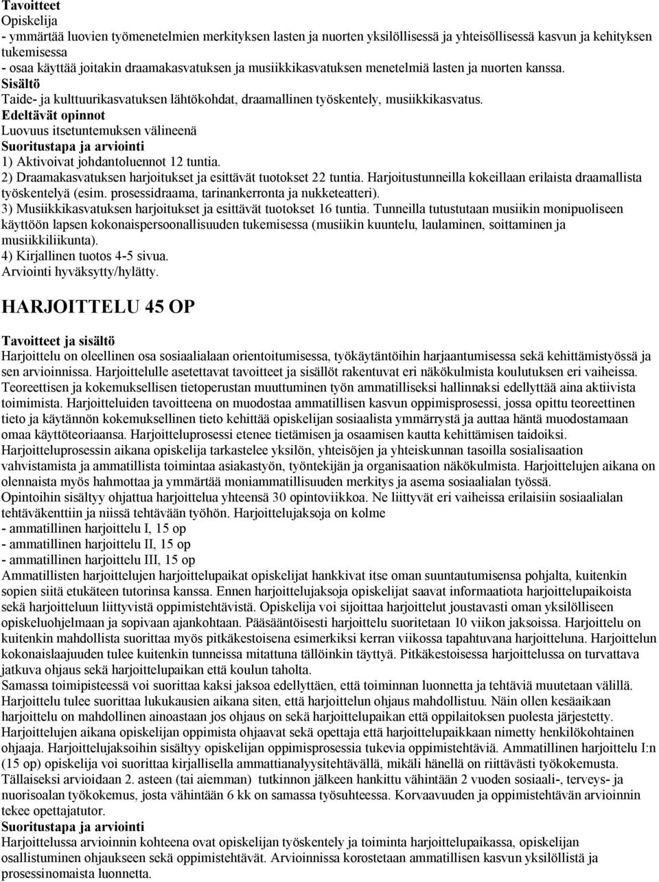 Edeltävät opinnot Luovuus itsetuntemuksen välineenä 1) Aktivoivat johdantoluennot 12 tuntia. 2) Draamakasvatuksen harjoitukset ja esittävät tuotokset 22 tuntia.