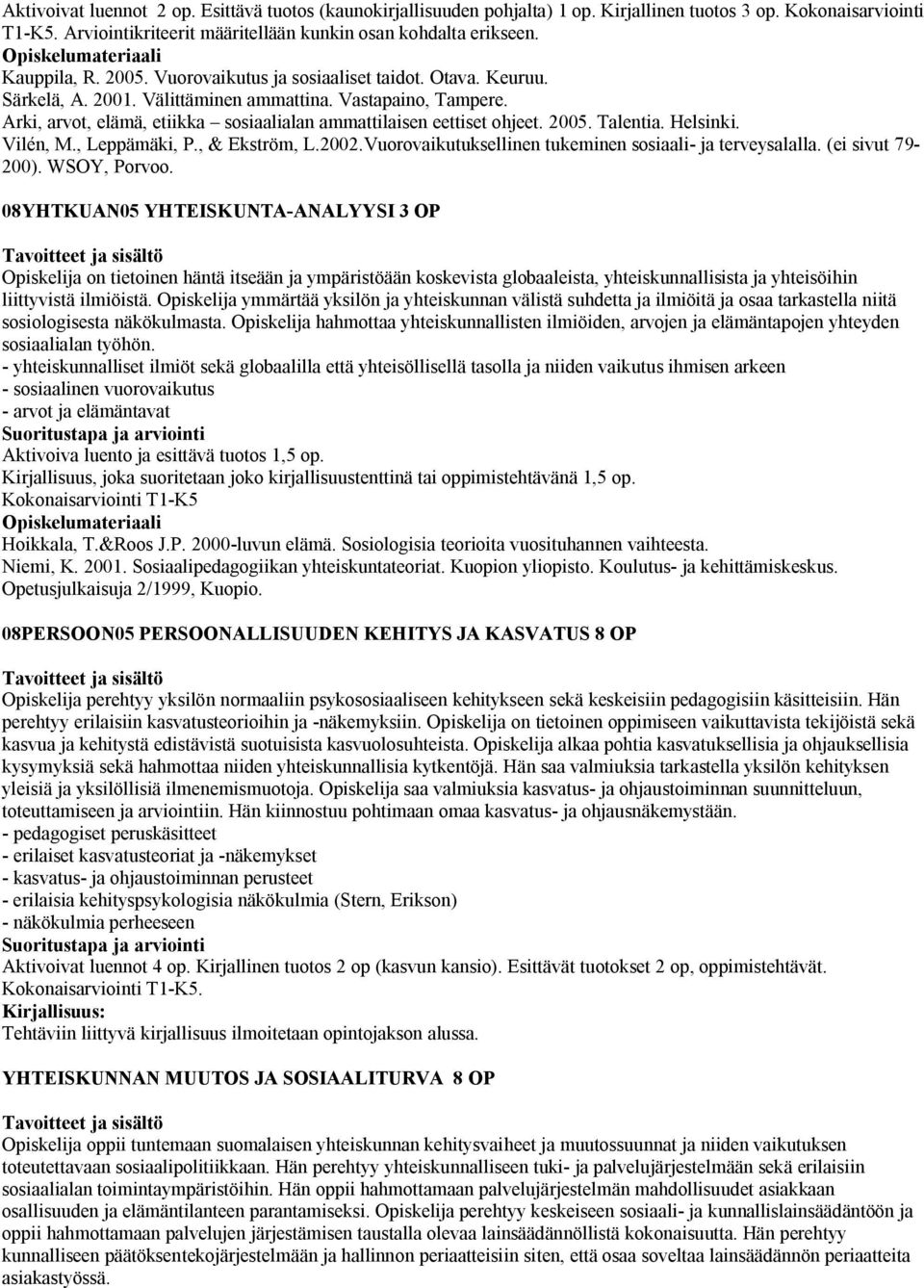 Arki, arvot, elämä, etiikka sosiaalialan ammattilaisen eettiset ohjeet. 2005. Talentia. Helsinki. Vilén, M., Leppämäki, P., & Ekström, L.2002.