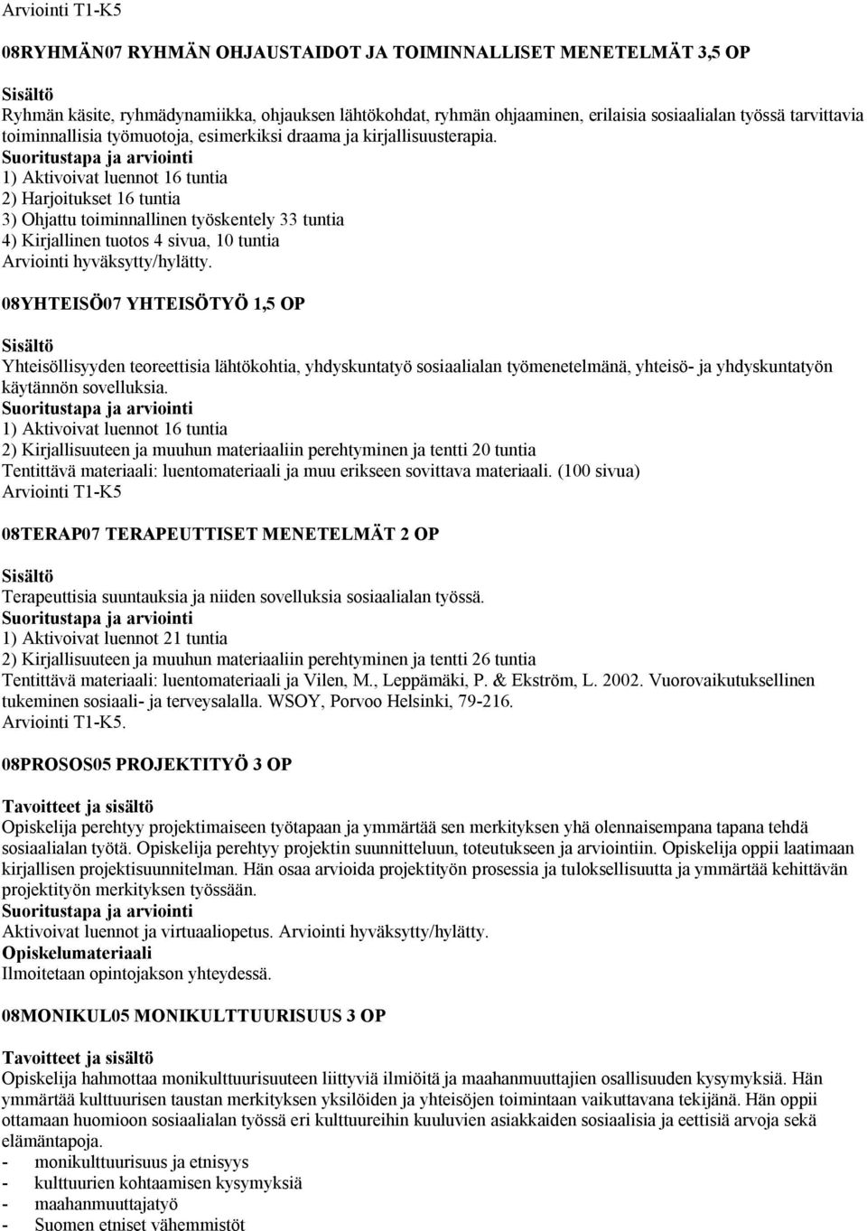 1) Aktivoivat luennot 16 tuntia 2) Harjoitukset 16 tuntia 3) Ohjattu toiminnallinen työskentely 33 tuntia 4) Kirjallinen tuotos 4 sivua, 10 tuntia Arviointi hyväksytty/hylätty.