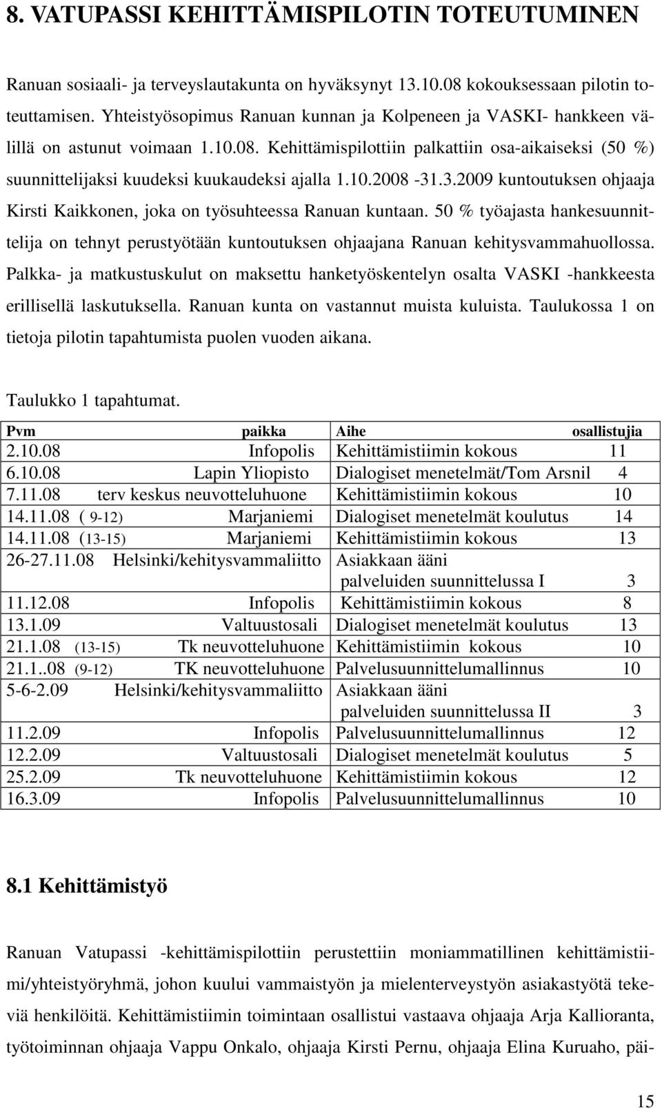 10.2008-31.3.2009 kuntoutuksen ohjaaja Kirsti Kaikkonen, joka on työsuhteessa Ranuan kuntaan.