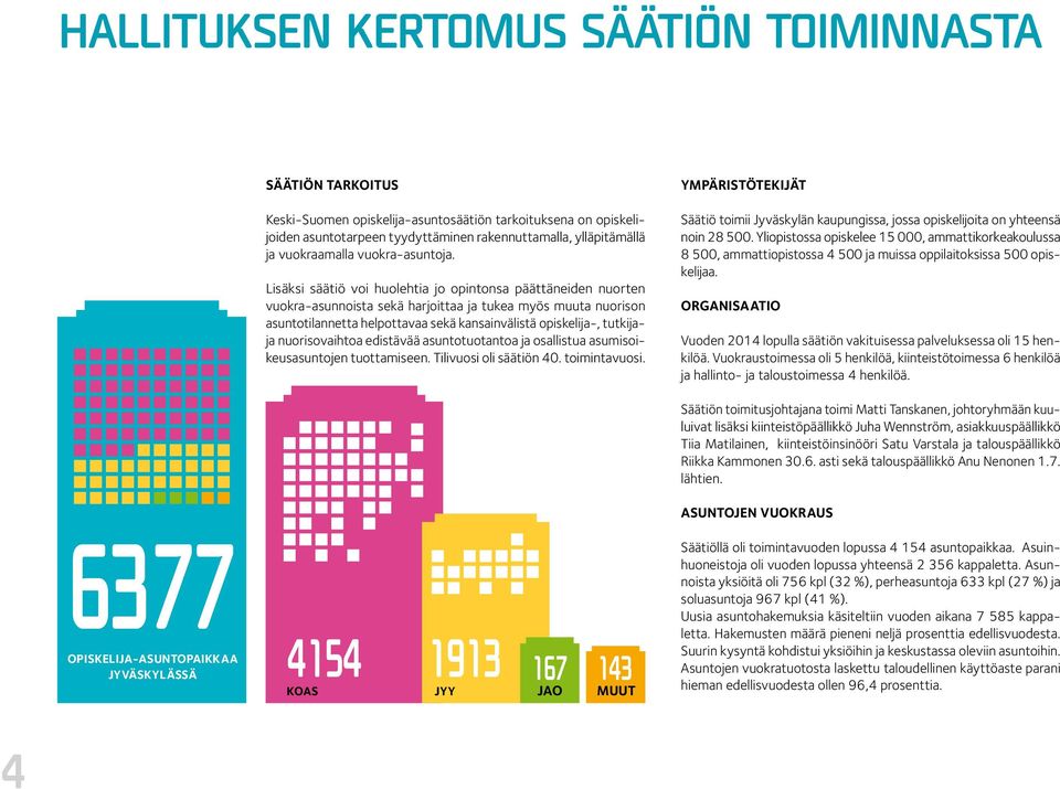 Lisäksi säätiö voi huolehtia jo opintonsa päättäneiden nuorten vuokra-asunnoista sekä harjoittaa ja tukea myös muuta nuorison asuntotilannetta helpottavaa sekä kansainvälistä opiskelija-, tutkijaja