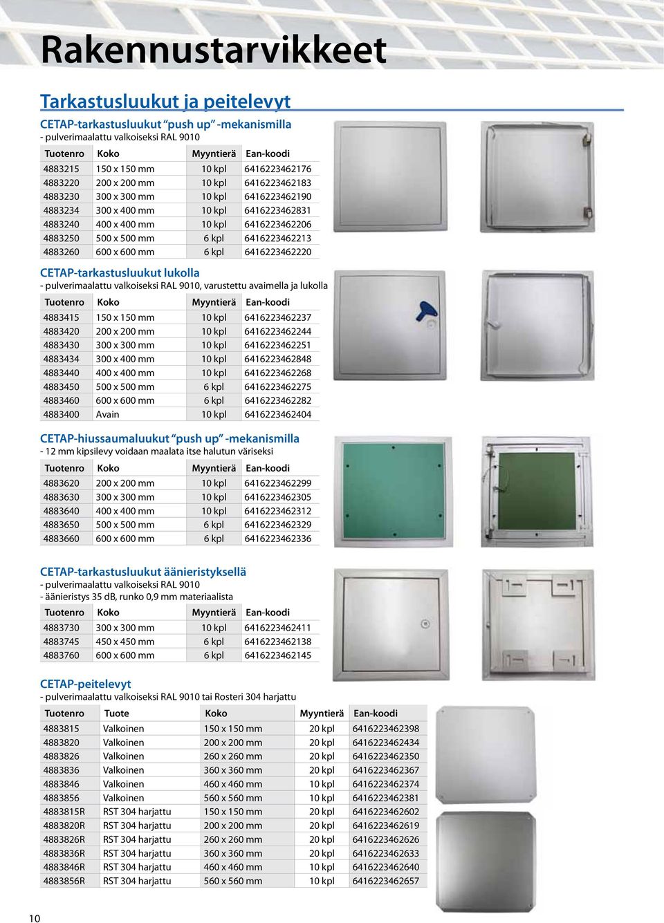 600 mm 6 kpl 6416223462220 CETAP-tarkastusluukut lukolla - pulverimaalattu valkoiseksi RAL 9010, varustettu avaimella ja lukolla 4883415 150 x 150 mm 10 kpl 6416223462237 4883420 200 x 200 mm 10 kpl