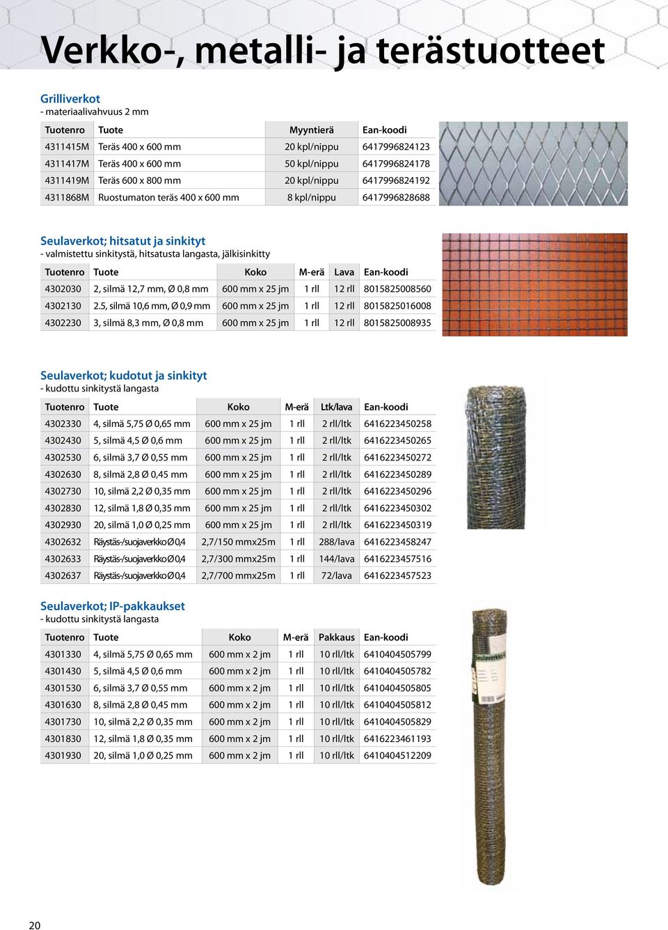 sinkitystä, hitsatusta langasta, jälkisinkitty Tuotenro Tuote Koko M-erä Lava Ean-koodi 4302030 2, silmä 12,7 mm, Ø 0,8 mm 600 mm x 25 jm 1 rll 12 rll 8015825008560 4302130 2.