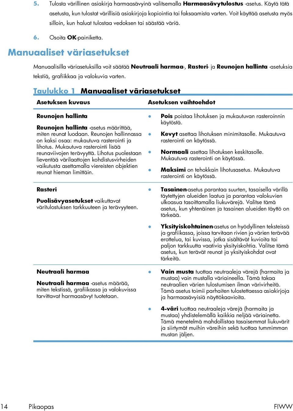 Manuaaliset väriasetukset Manuaalisilla väriasetuksilla voit säätää Neutraali harmaa-, Rasteri- ja Reunojen hallinta -asetuksia tekstiä, grafiikkaa ja valokuvia varten.