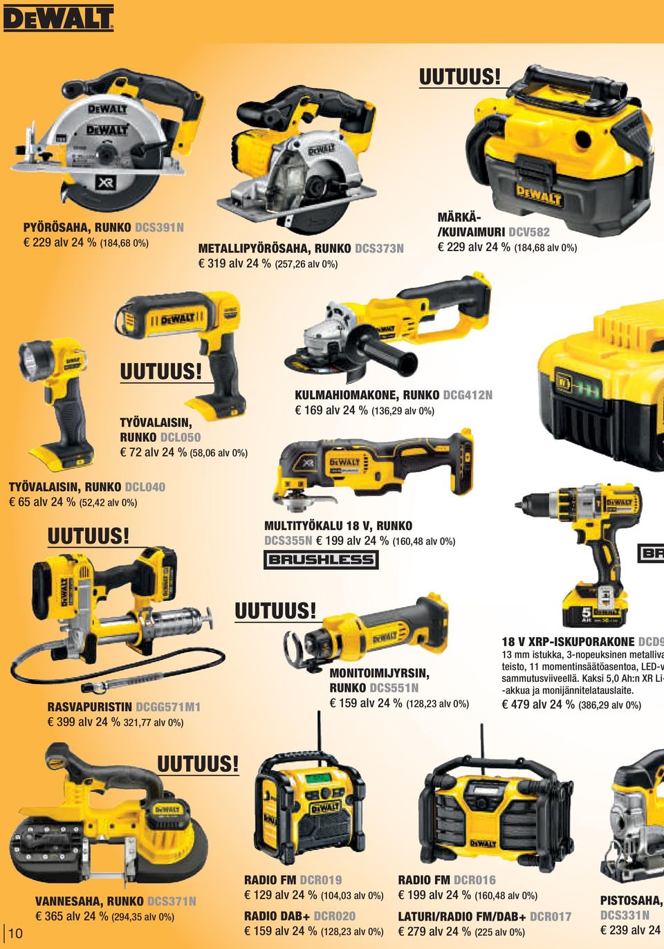 RASVAPURISTIN DCGG571M1 399 alv 24 % 321,77 alv 0%) MONITOIMIJYRSIN, RUNKO DCS551N 159 alv 24 % (128,23 alv 0%) 18 V XRP-ISKUPORAKONE DCD9 13 mm istukka, 3-nopeuksinen metalliva teisto, 11