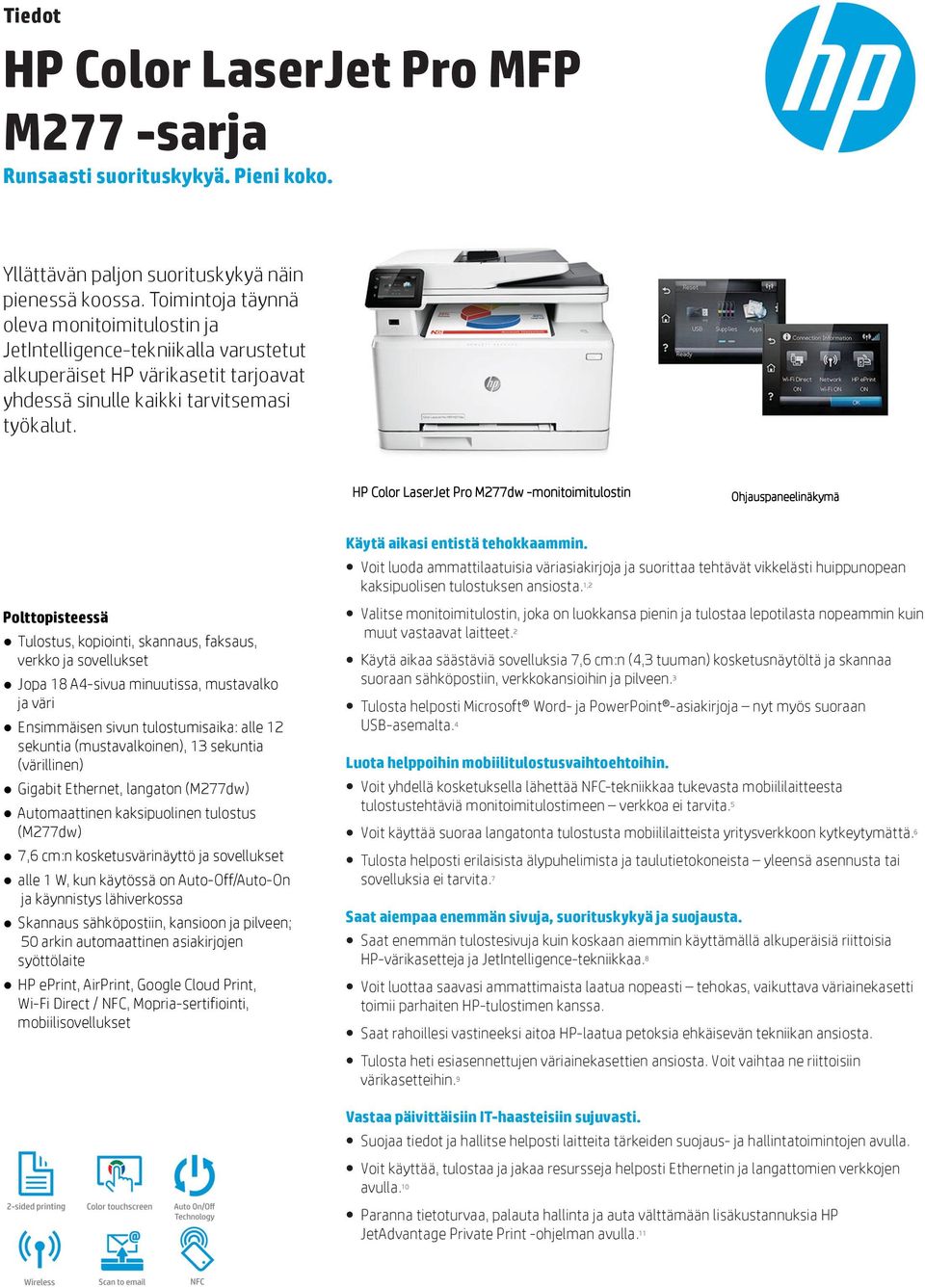 HP Color LaserJet Pro M277dw -monitoimitulostin Ohjauspaneelinäkymä Polttopisteessä Tulostus, kopiointi, skannaus, faksaus, verkko ja sovellukset Jopa 18 A4-sivua minuutissa, mustavalko ja väri