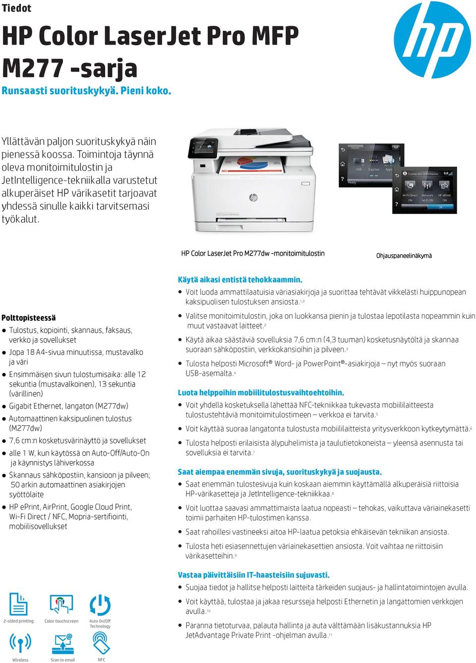 HP Color LaserJet Pro M277dw -monitoimitulostin Ohjauspaneelinäkymä Polttopisteessä Tulostus, kopiointi, skannaus, faksaus, verkko ja sovellukset Jopa 18 A4-sivua minuutissa, mustavalko ja väri