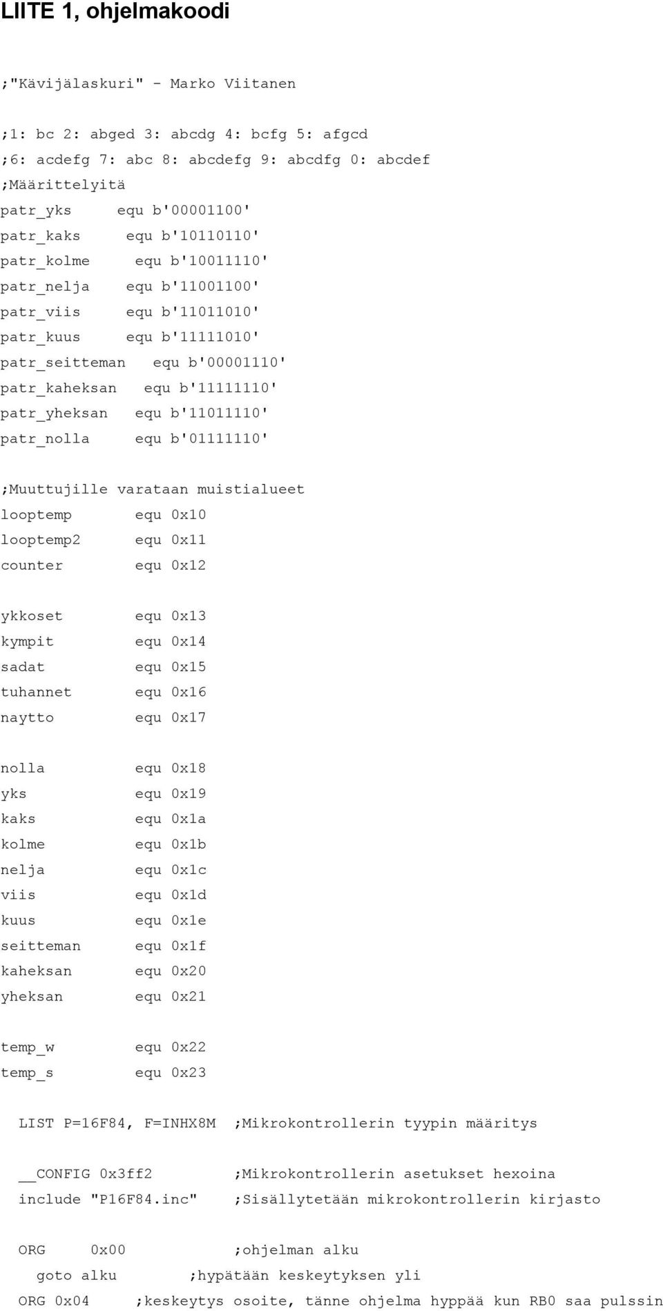 b'11011110' patr_nolla equ b'01111110' ;Muuttujille varataan muistialueet looptemp equ 0x10 looptemp2 equ 0x11 counter equ 0x12 ykkoset kympit sadat tuhannet naytto equ 0x13 equ 0x14 equ 0x15 equ