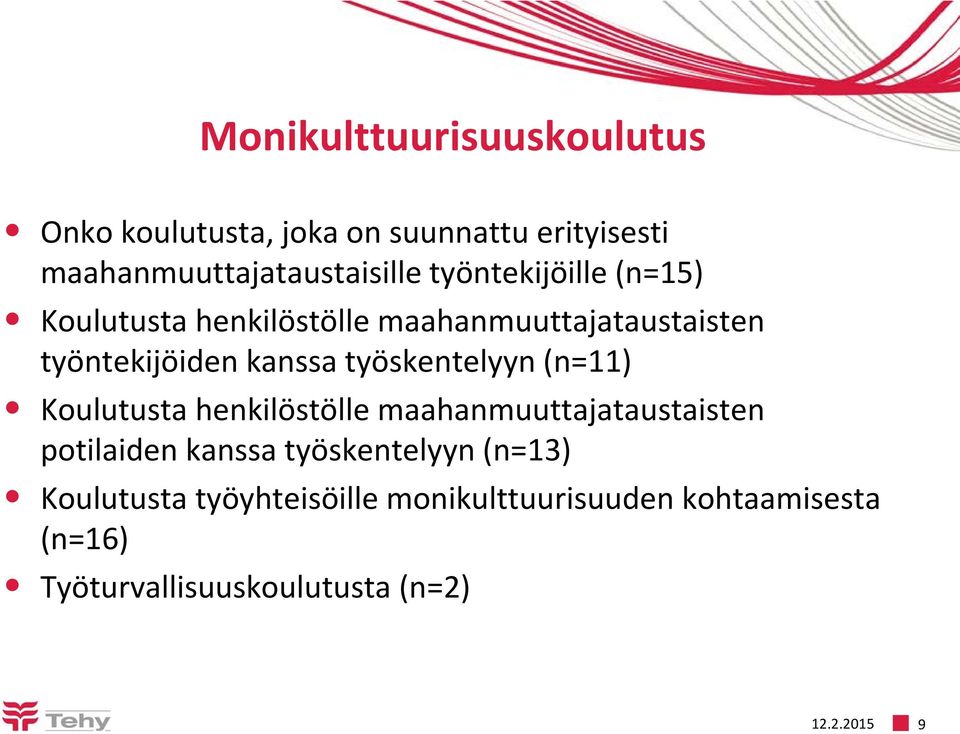 työskentelyyn (n=11) Koulutusta henkilöstölle maahanmuuttajataustaisten potilaiden kanssa työskentelyyn