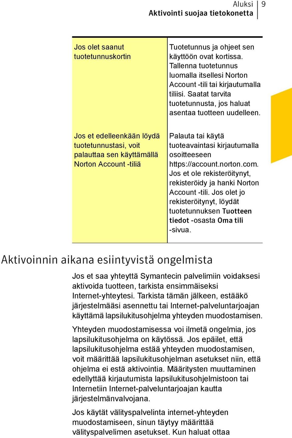 Jos et edelleenkään löydä tuotetunnustasi, voit palauttaa sen käyttämällä Norton Account -tiliä Palauta tai käytä tuoteavaintasi kirjautumalla osoitteeseen https://account.norton.com.