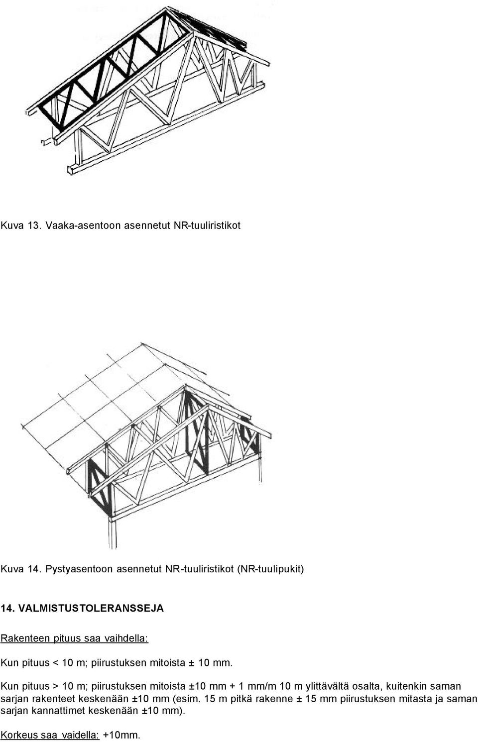 Kun pituus > 10 m; piirustuksen mitoista ±10 mm + 1 mm/m 10 m ylittävältä osalta, kuitenkin saman sarjan rakenteet