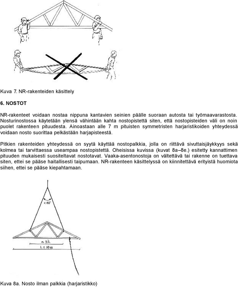 Ainoastaan alle 7 m pituisten symmetristen harjaristikoiden yhteydessä voidaan nosto suorittaa pelkästään harjapisteestä.