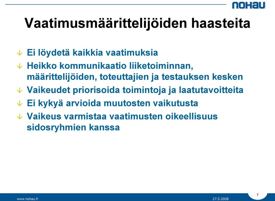 kesken Vaikeudet priorisoida toimintoja ja laatutavoitteita Ei kykyä arvioida