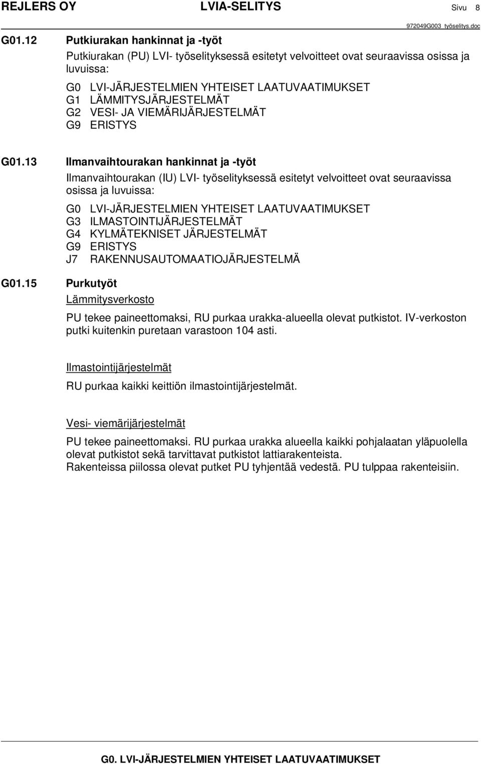 LÄMMITYSJÄRJESTELMÄT G2 VESI- JA VIEMÄRIJÄRJESTELMÄT G9 ERISTYS G01.13 Ilmanvaihtourakan hankinnat ja -työt G01.