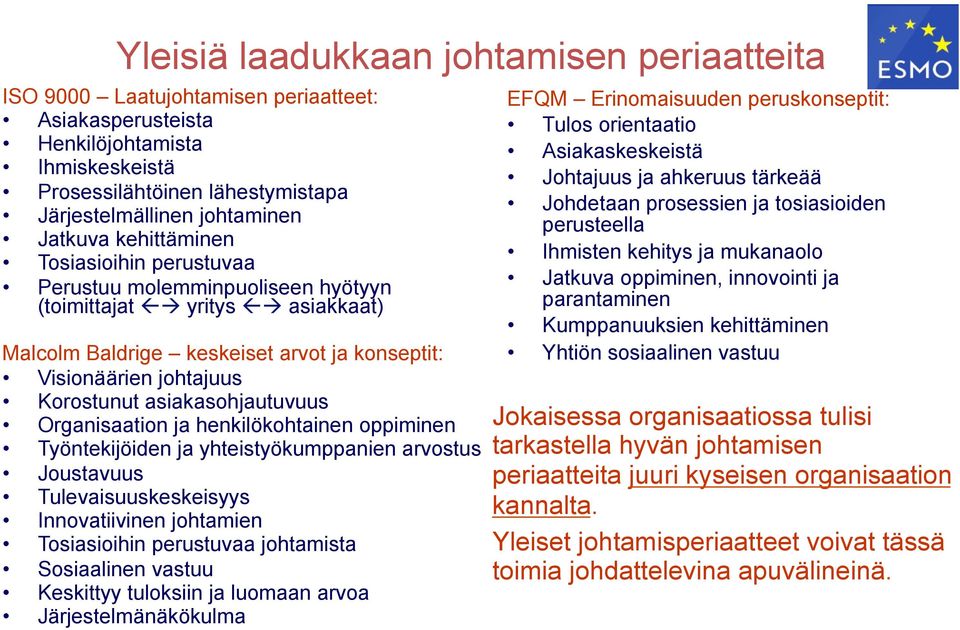 asiakasohjautuvuus Organisaation ja henkilökohtainen oppiminen Työntekijöiden ja yhteistyökumppanien arvostus Joustavuus Tulevaisuuskeskeisyys Innovatiivinen johtamien Tosiasioihin perustuvaa