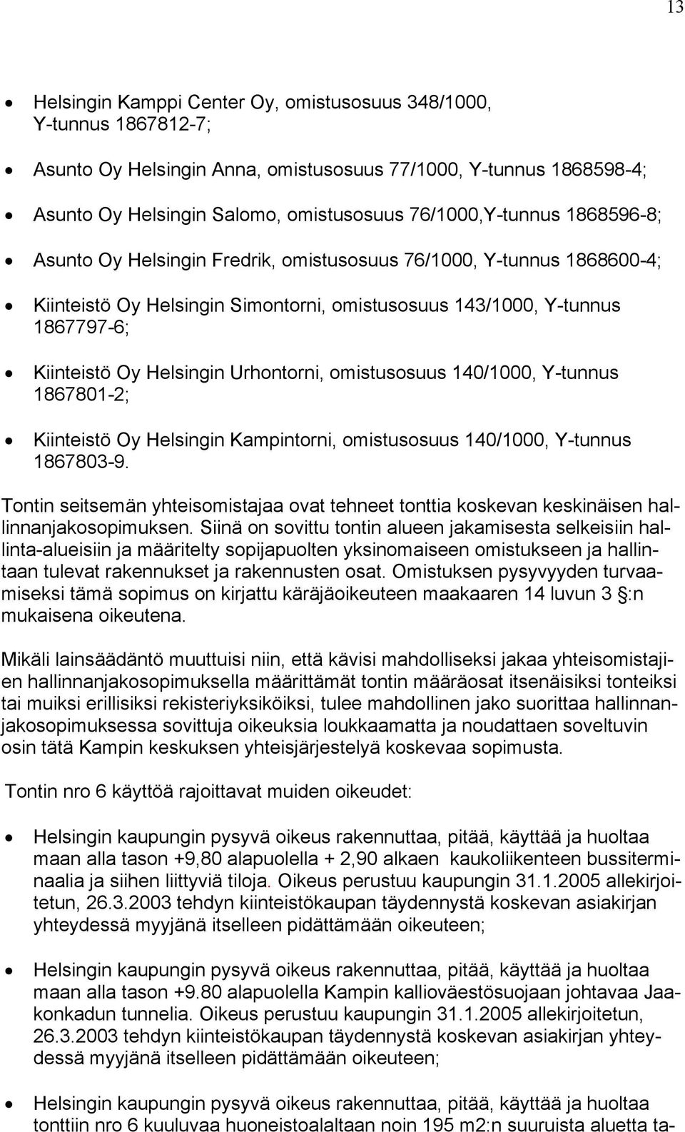 omistusosuus 140/1000, Y-tunnus 1867801-2; Kiinteistö Oy Helsingin Kampintorni, omistusosuus 140/1000, Y-tunnus 1867803-9.