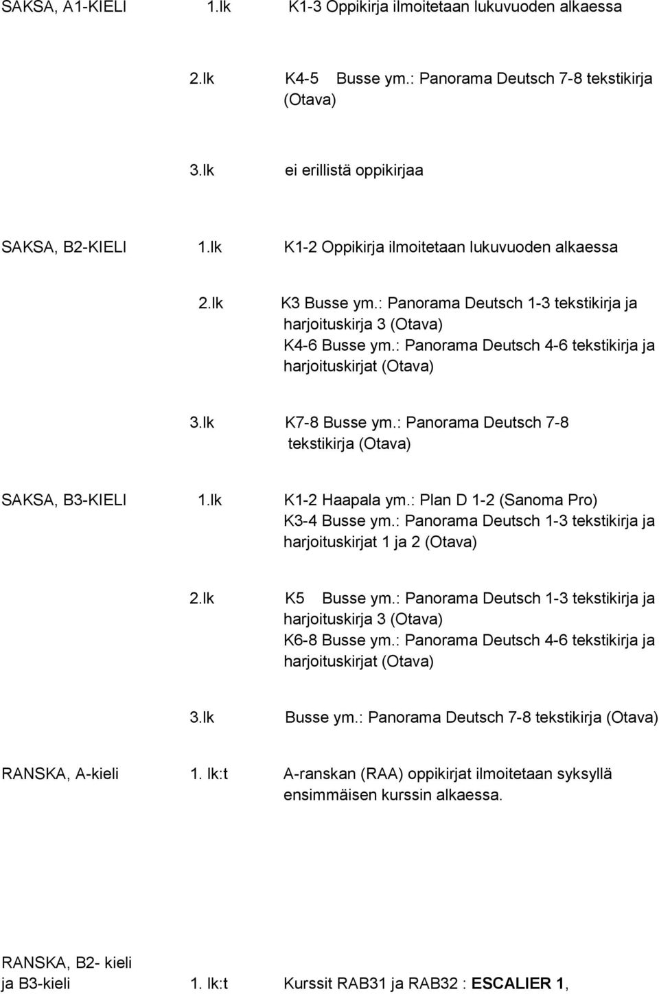 : Panorama Deutsch 4-6 tekstikirja ja harjoituskirjat (Otava) 3.lk K7-8 Busse ym.: Panorama Deutsch 7-8 tekstikirja (Otava) SAKSA, B3-KIELI 1.lk K1-2 Haapala ym.: Plan D 1-2 K3-4 Busse ym.