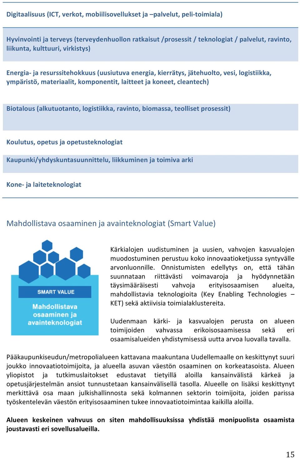 logistiikka, ravinto, biomassa, teolliset prosessit) Koulutus, opetus ja opetusteknologiat Kaupunki/yhdyskuntasuunnittelu, liikkuminen ja toimiva arki Kone ja laiteteknologiat Mahdollistava osaaminen