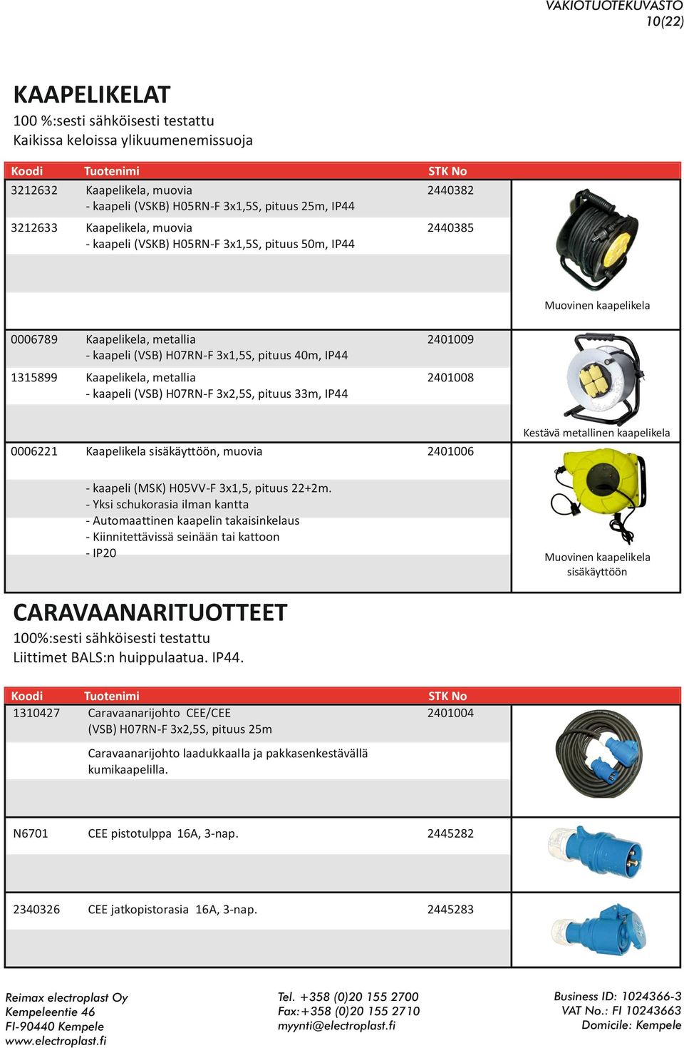 IP44 2401008 0006221 Kaapelikela sisäkäyttöön, muovia 2401006 Kestävä metallinen kaapelikela - kaapeli (MSK) H05VV-F 3x1,5, pituus 22+2m.