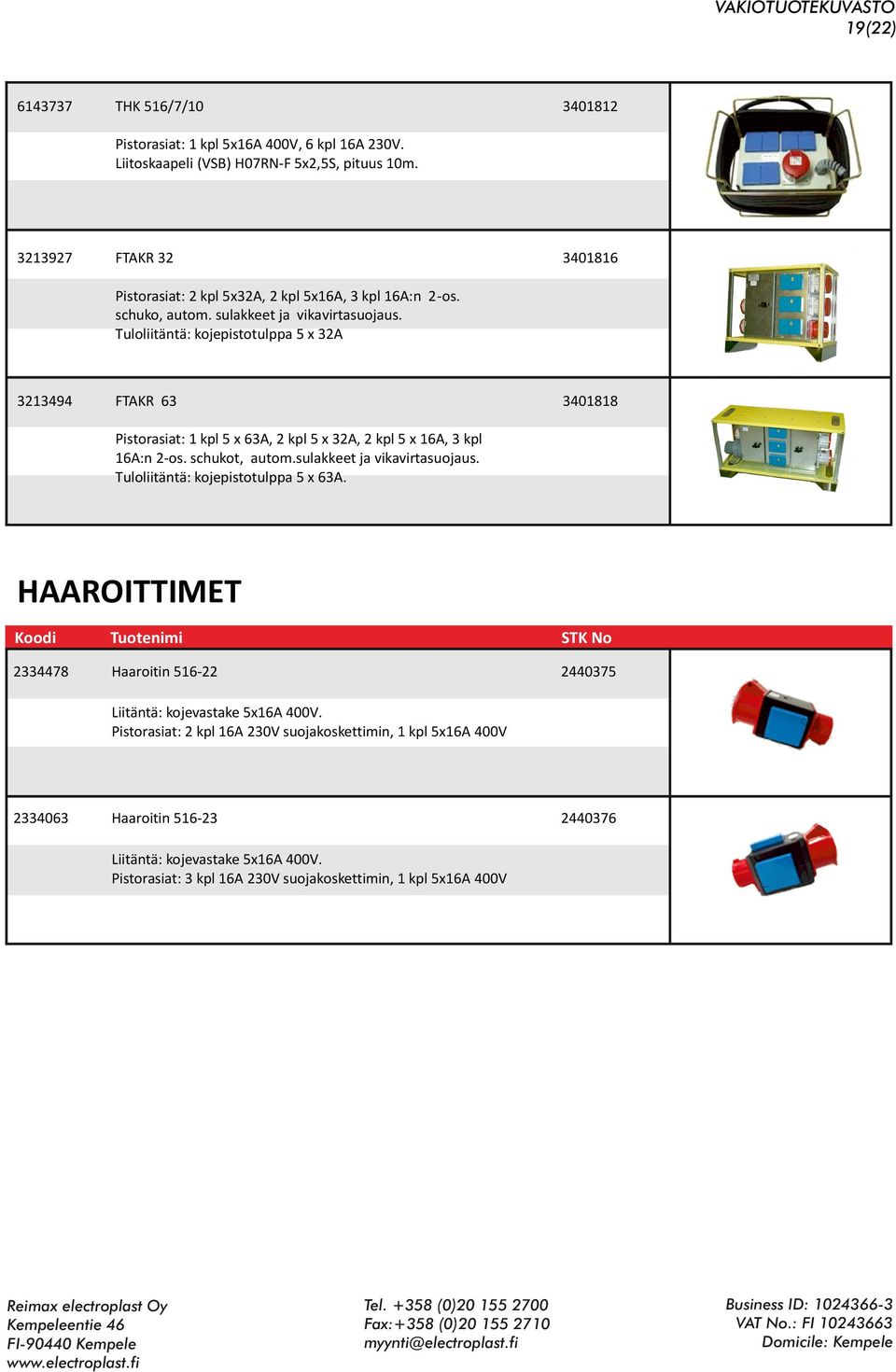 Tuloliitäntä: kojepistotulppa 5 x 32A 3213494 FTAKR 63 3401818 Pistorasiat: 1 kpl 5 x 63A, 2 kpl 5 x 32A, 2 kpl 5 x 16A, 3 kpl 16A:n 2-os. schukot, autom.sulakkeet ja vikavirtasuojaus.