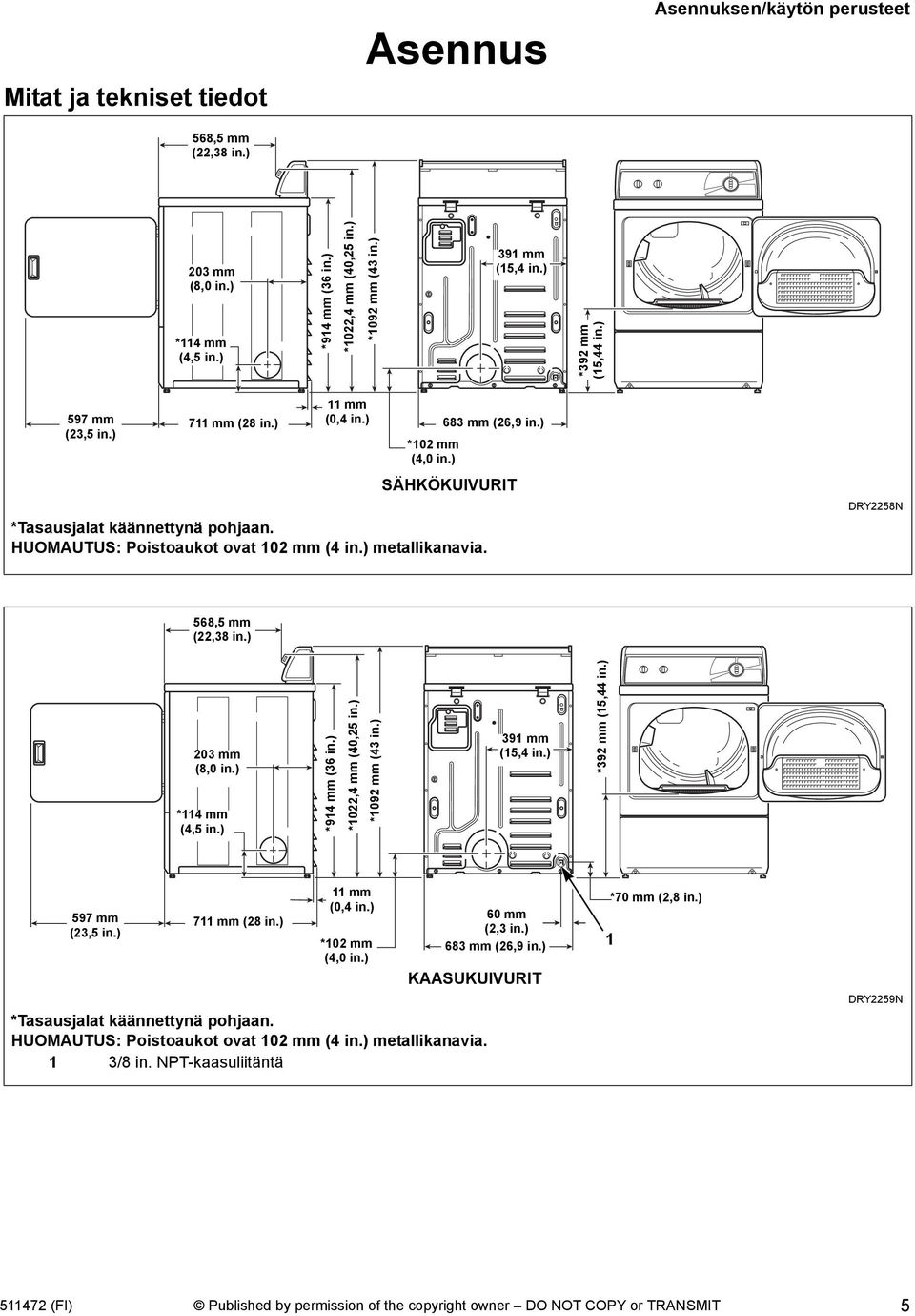 ) metallikanavia. DRY2258N DRY2258N 568,5 mm (22,38 in.) 203 mm (8,0 in.) *114 mm (4,5 in.) *914 mm (36 in.) *1022,4 mm (40,25 in.) *1092 mm (43 in.) 391 mm (15,4 in.) *392 mm (15,44 in.