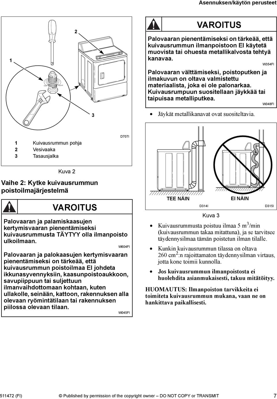 W048FI Jäykät metallikanavat ovat suositeltavia.