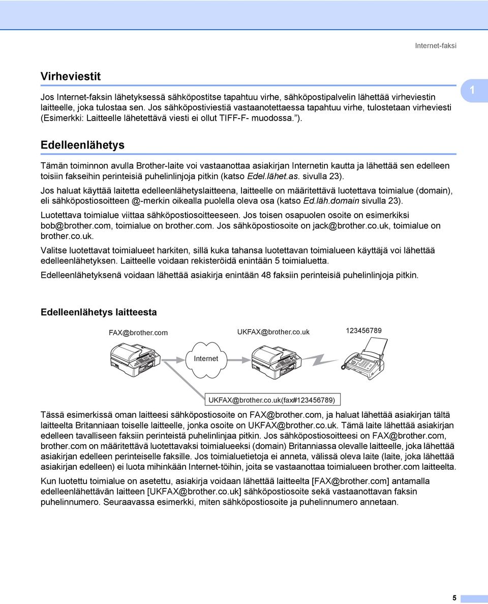 1 Edelleenlähetys 1 Tämän toiminnon avulla Brother-laite voi vastaanottaa asiakirjan Internetin kautta ja lähettää sen edelleen toisiin fakseihin perinteisiä puhelinlinjoja pitkin (katso Edel.lähet.as. sivulla 23).