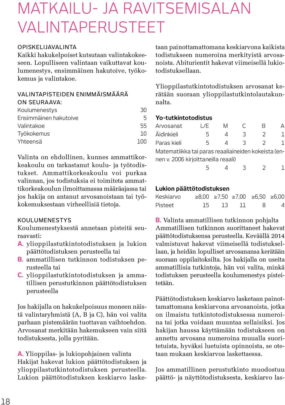 Valintapisteiden enimmäismäärä on seuraava: Koulumenestys 30 Ensimmäinen hakutoive 5 Valintakoe 55 Työkokemus 10 Yhteensä 100 Valinta on ehdollinen, kunnes ammattikorkeakoulu on tarkastanut koulu- ja