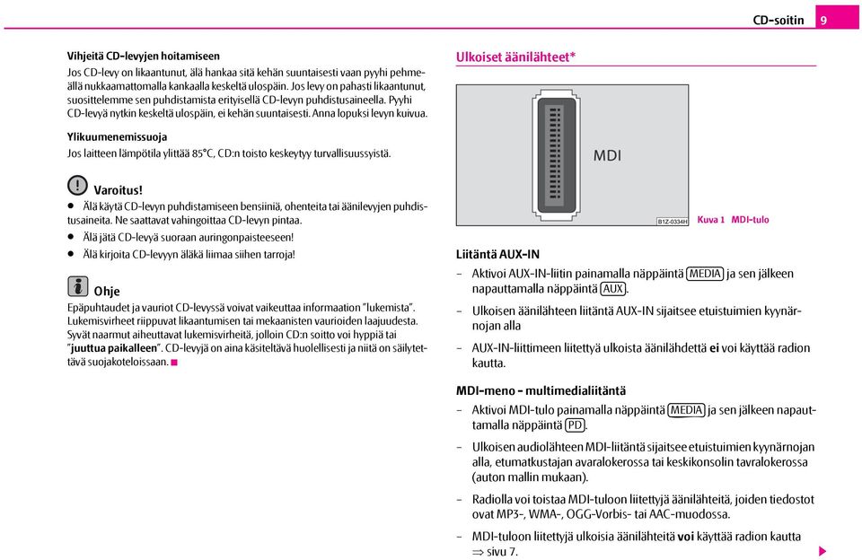 Ulkoiset äänilähteet* Ylikuumenemissuoja Jos laitteen lämpötila ylittää 85 C, CD:n toisto keskeytyy turvallisuussyistä. Varoitus!